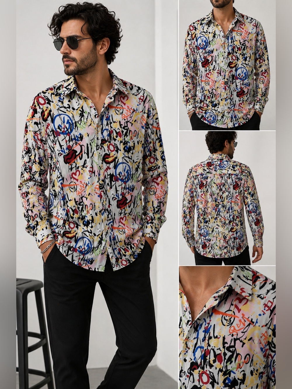 Touch Me Men’s Urban Graffiti Button Down Shirt Size M Multicolor Art Print